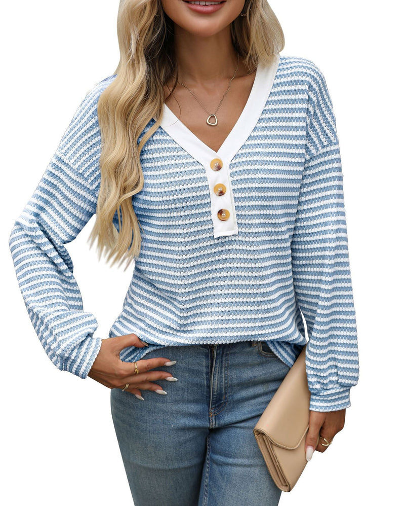 Women's V-neck Buttons Pullover Patchwork Casual Long-sleeved Top Meifu Market