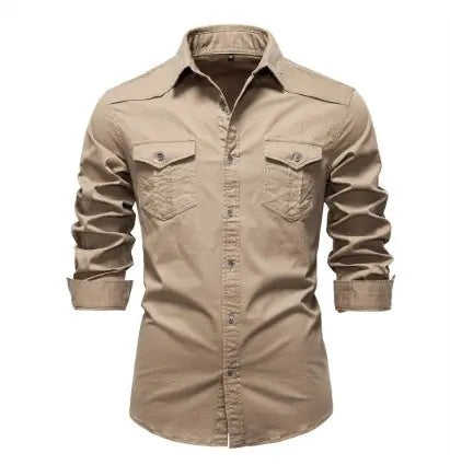 Men's Long-sleeved Denim Shirt Casual Solid Button Slim Tops Clothing L - color variant display