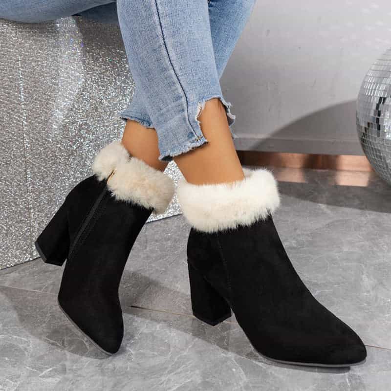 New Plaid Print Plush Ankle Boots Winter Fashoin Square Heel Suede Boots Women Casual Versatile Shoes Autumn And Winter Meifu Market