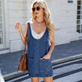 stretch denim overall dress | midi length with pockets | summer casual wear | ultrasonic cleaning