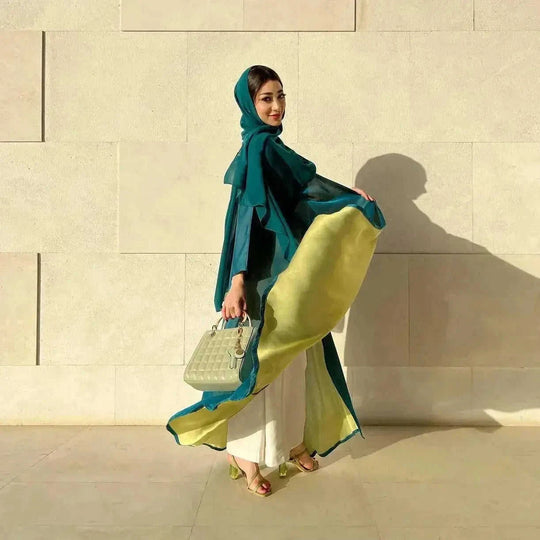 chiffon abaya dress | long sleeve color block robe | lightweight chiffon fabric | energy saving