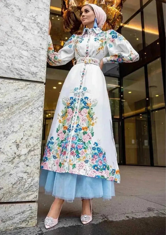 floral print maxi dress | puff sleeve lapel collar | button front long dress | energy saving