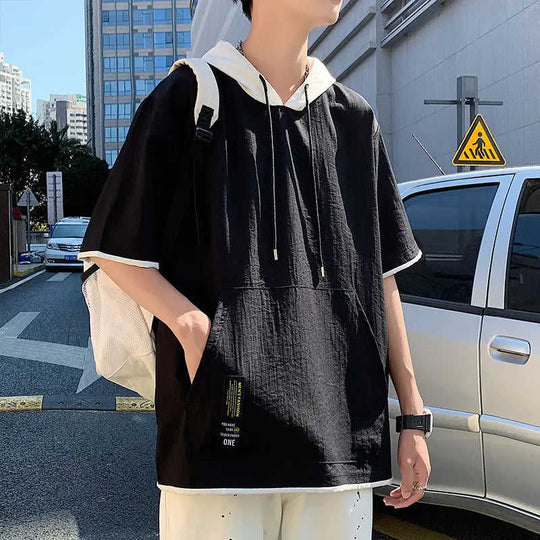 Mens Loose-fitting Casual Mock Two-piece Short-sleeve Shirt XL - available style options