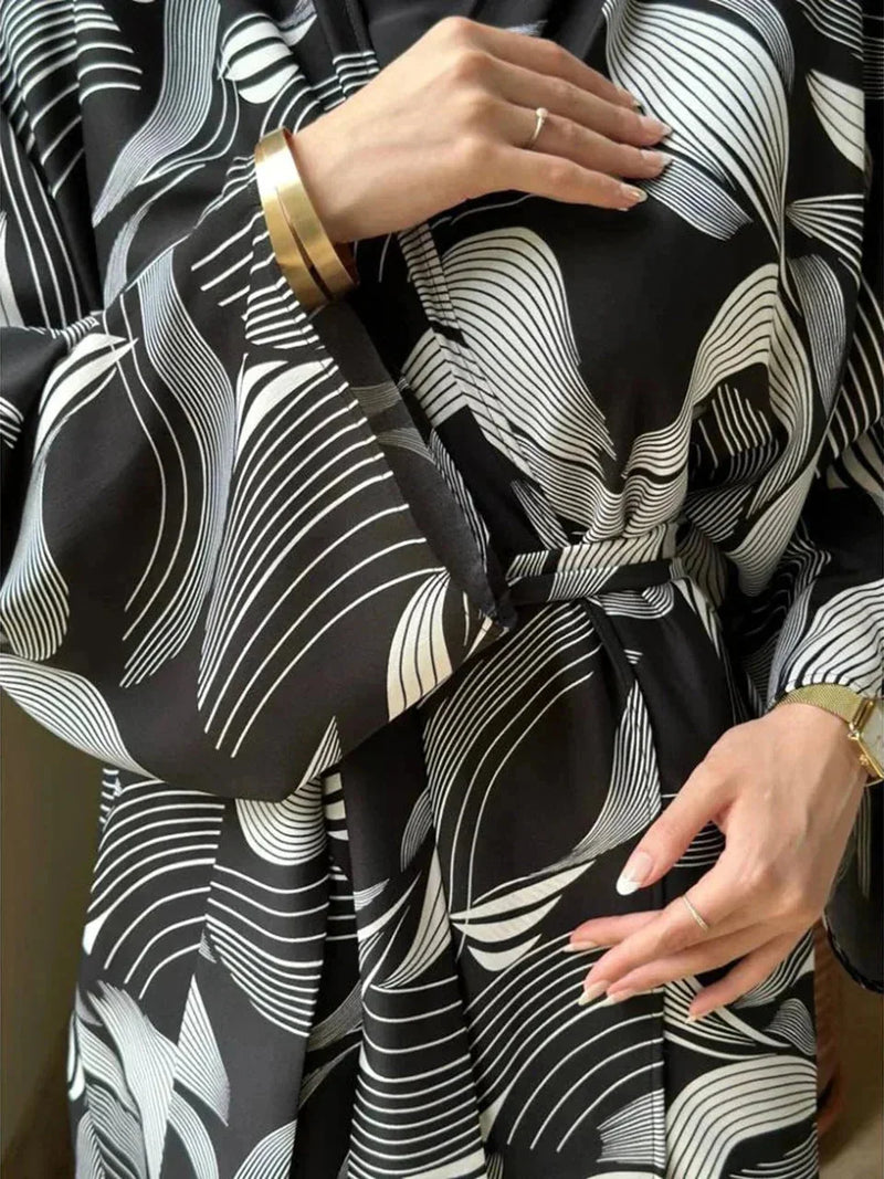 abaya with drop shoulder sleeves | printed kaftan robe | long sleeve maxi dress | ultrasonic cleaning