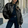 Women's Leather Jacket Loose Long Sleeve Lapel Motorcycle Jacket Meifu Market