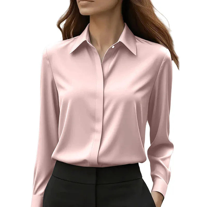 Women's Long Sleeve Satin Blouse, V Neck Loose Fit Tunic Top For Business Casual Office Fall Meifu Market