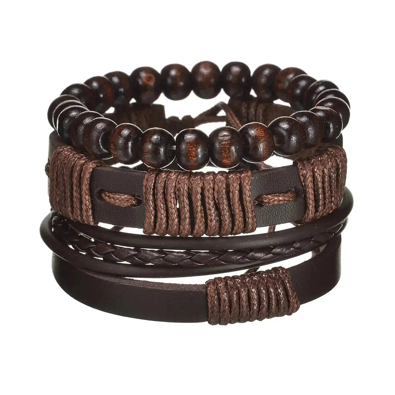 braided leather bracelet for men | vintage charm wood beads | adjustable wrap wristband | ultrasonic cleaning