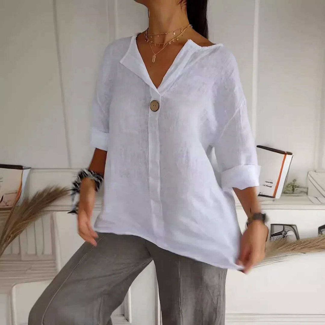 V-neck Long-sleeved T-shirt Fashion Loose Cotton And Linen Button Tops For Women Meifu Market