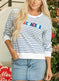 embroidered sweatshirt for women | blue striped sweatshirt | chenille lettering sweatshirt | ultrasonic cleaning