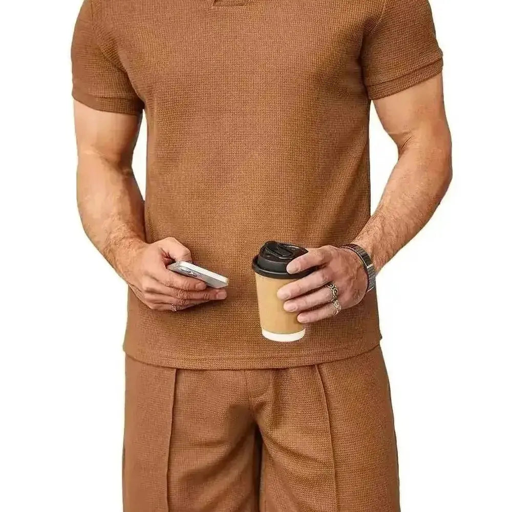 2pcs Set Men V Neck Polo Shirt Lapel Short Sleeve Men's Suit Waffle Style Casual Fashion T-Shirt Summer - view 7...