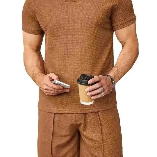 2pcs Set Men V Neck Polo Shirt Lapel Short Sleeve Men's Suit Waffle Style Casual Fashion T-Shirt Summer - view 7...
