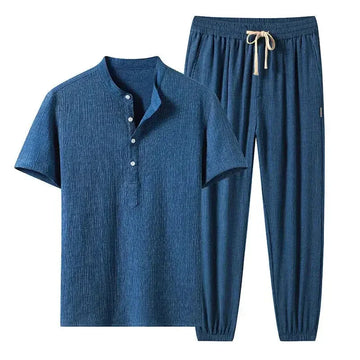 cotton linen blend fabric | short sleeve suit set | breathable summer suit | ultrasonic cleaning