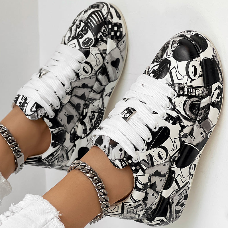 Women's Casual Round Toe Thick Sole Lace-Up Sneakers, Random Print Design, Comfortable Sporty Shoes For Daily Wear Meifu Market