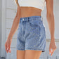 stretch denim fabric | high-waisted shorts | mid-thigh length | ultrasonic cleaning