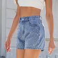 stretch denim fabric | high-waisted shorts | mid-thigh length | ultrasonic cleaning