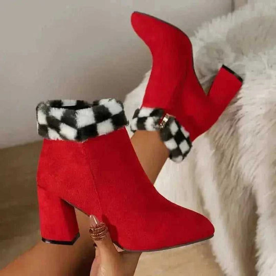 suede plush ankle boots | square heel winter boots | plaid print casual shoes | ultrasonic cleaning