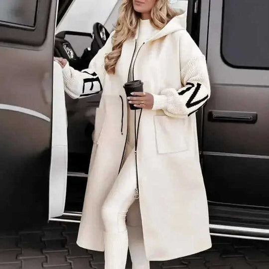 Hooded Windbreaker Long Jacket With Pockets And Drawstring Design Solid Color Knit-Sleeved Trench Coat For Women Clothing Fall Winter Meifu Market