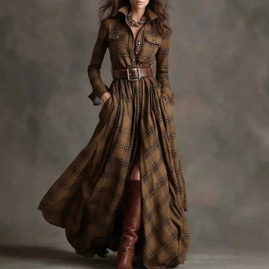 French Retro Plaid Dress - Plus Size Belted Waist Irregular Hem Dress Meifu Market