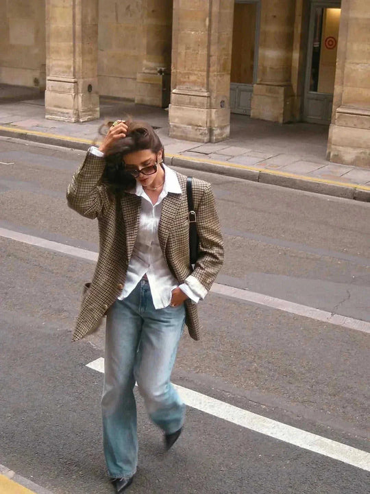 elegant plaid blazer for women | wool blend blazer jacket | office work blazer with pockets | energy saving
