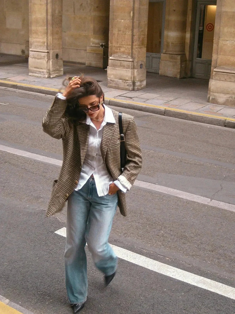 elegant plaid blazer for women | wool blend blazer jacket | office work blazer with pockets | energy saving