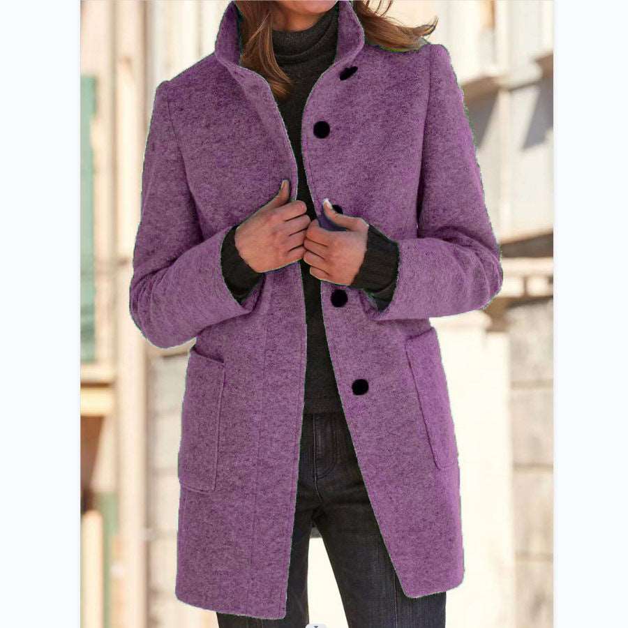 Fashion Stand Collar Woolen Coat With Pockets Fall Winter Casual Button Outwear For Women Clothing Meifu Market