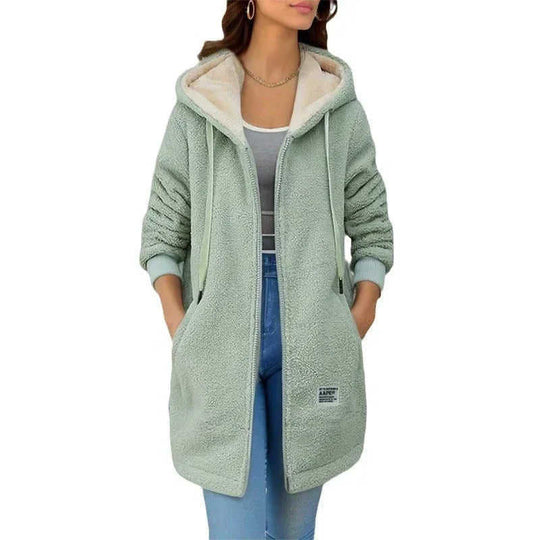 Winter Fleece Hooded Jacket Fashion Casual Zip-up Pockets Long Sweatshirt Warm Commuter Women's Clothing Meifu Market