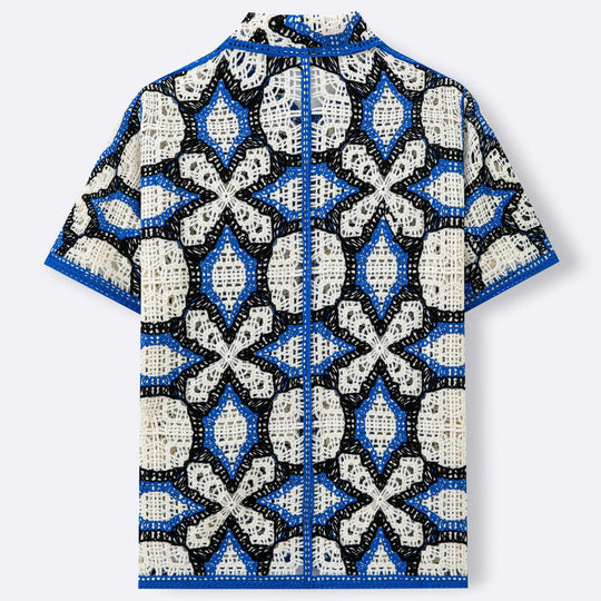 Geometric Hollow-Out Knit Polo — Men's Open Knit Resort Shirt