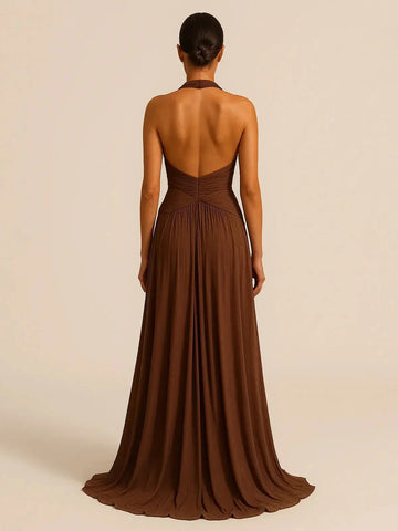 halter neck maxi dress | brown long summer dress | backless beach wedding dress | energy saving