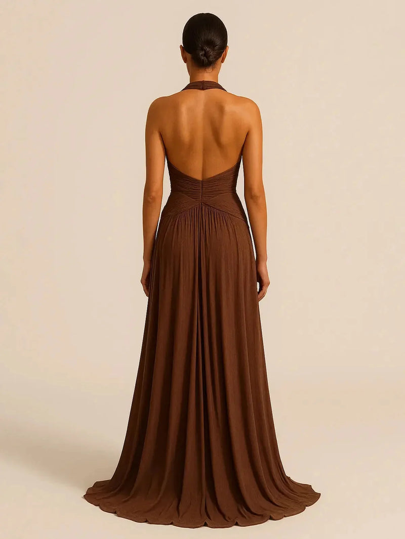 halter neck maxi dress | brown long summer dress | backless beach wedding dress | energy saving