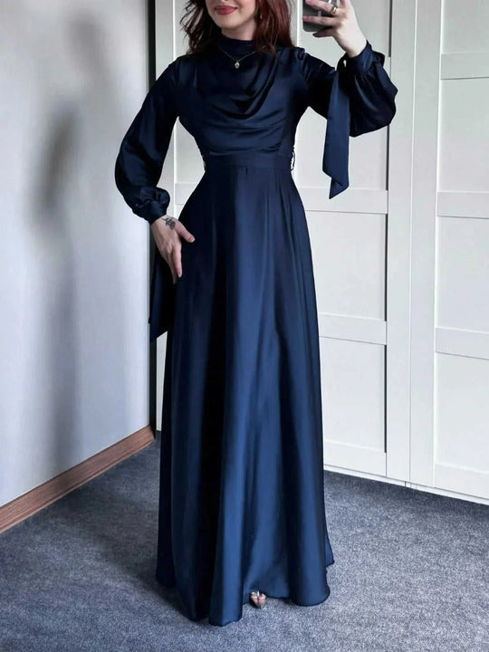 satin fabric maxi dress | plunge neckline long sleeve dress | strappy back evening gown | ultrasonic cleaning