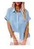 loose fit button down blouse | pleated short sleeve top | solid color womens shirt | ultrasonic cleaning