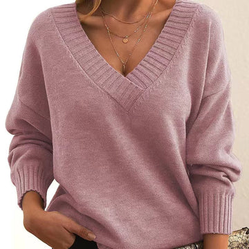 Solid V-neck Sweater Fashion Loose Long-sleeved Knitted Tops Autumn And Winter Women's Clothing Meifu Market