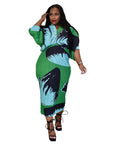 European And American V-neck Batwing Sleeve Printing Dress