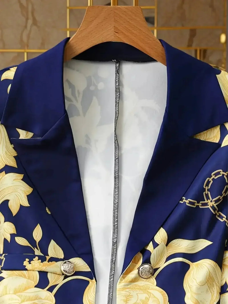 2025 New Women's Elegant High-end Printed, Chain Printed Slim Fit Suit Jacket And Pure Blue Leggings, Suit Two-piece Set, Machine Washable, All Season Fashionable Meifu Market