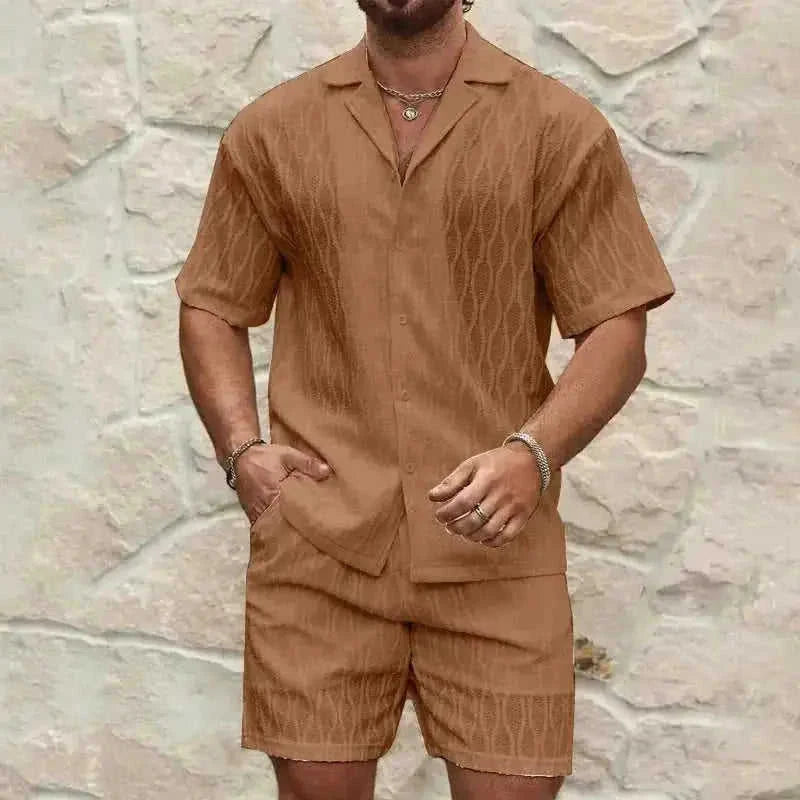 mens summer tracksuit set | loose fit casual two piece outfit | lapel button shirt and shorts set | energy saving