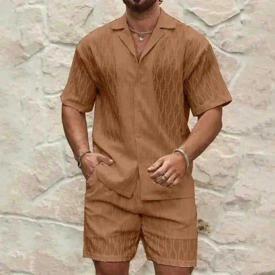 mens summer tracksuit set | loose fit casual two piece outfit | lapel button shirt and shorts set | energy saving