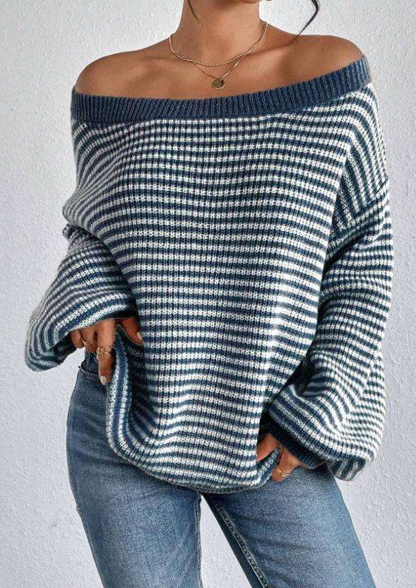 Women's Off-neck Shoulder-baring Sweater Contrast Color Meifu Market