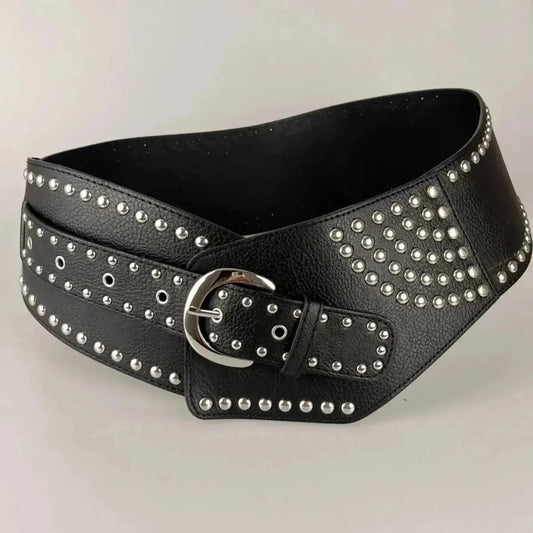 Asymmetric Belt Rivet Sewing Leather Wide Waist Seal