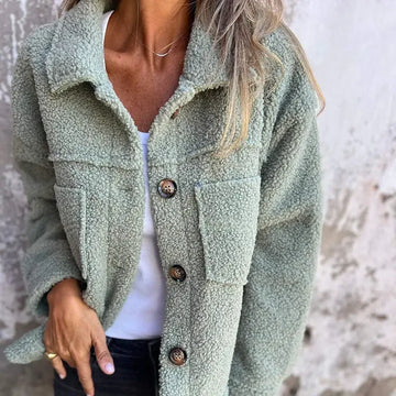 Plus Size Women's Solid Color Sherpa Jacket, Long Sleeve Lapel Single Breasted Fleece Coat With Pockets For Autumn Winter Meifu Market