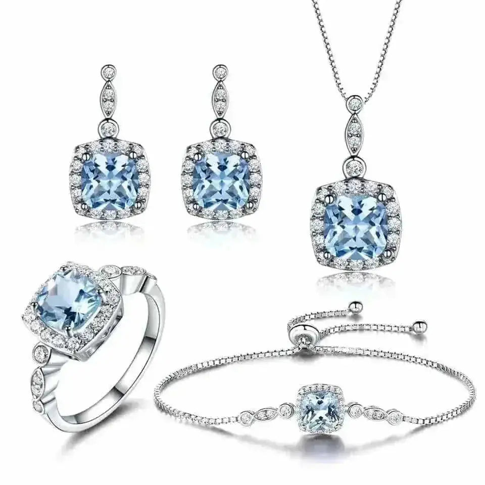 925 Sterling Silver Necklace Sky Blue Topaz Four-Piece Set - Meifu Market