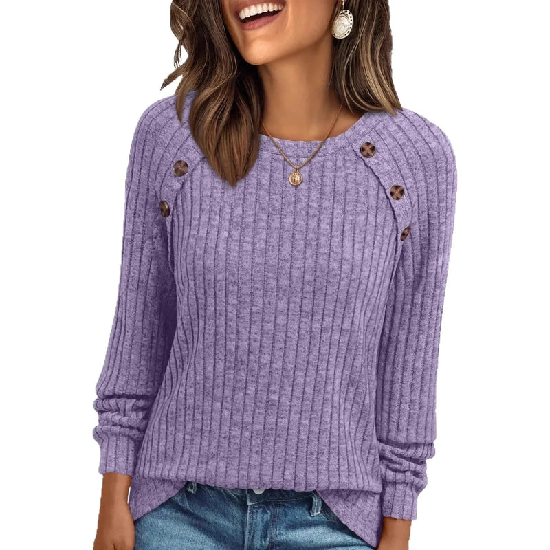 brushed fleece long sleeve top | stripe pullover sweater women | round neck casual sweater | energy saving