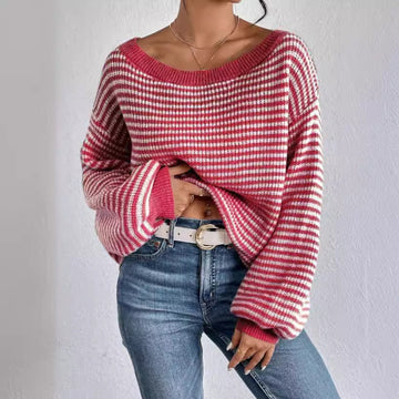 Women's Off-neck Shoulder-baring Sweater Contrast Color Meifu Market