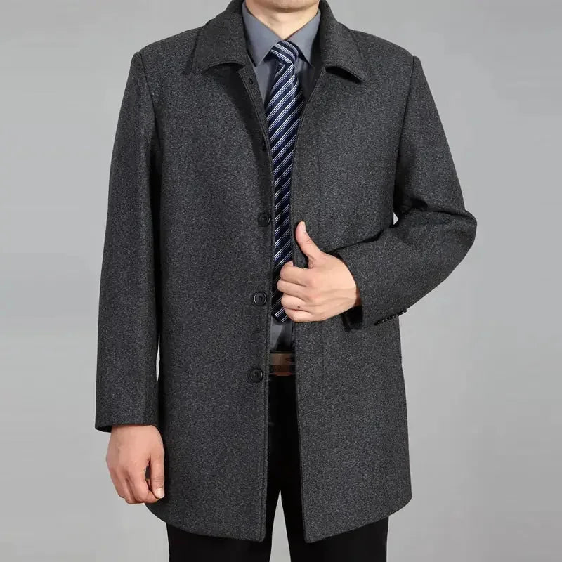 heavy wool blend coat | mid-length overcoat for men | winter warmth coat | ultrasonic cleaning
