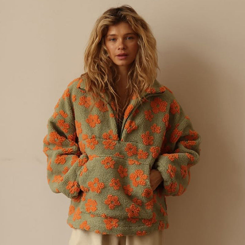 Winter Flowers Lambskin Sweatshirt With Big Pocket Casual Loose Zip-up Lapel Pullover Top Women's Clothing Meifu Market