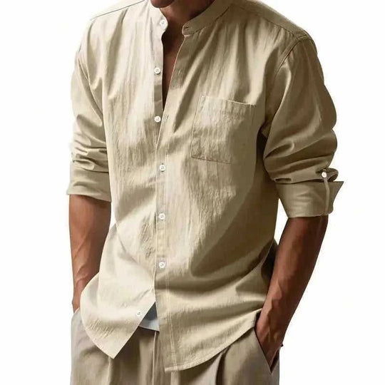 long sleeve stand collar shirt | mens casual shirt with pockets | cotton linen blend shirt | energy saving