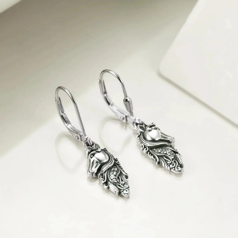 sterling silver leverback earrings | hypoallergenic dangle earrings | horse charm drop earrings | ultrasonic cleaning