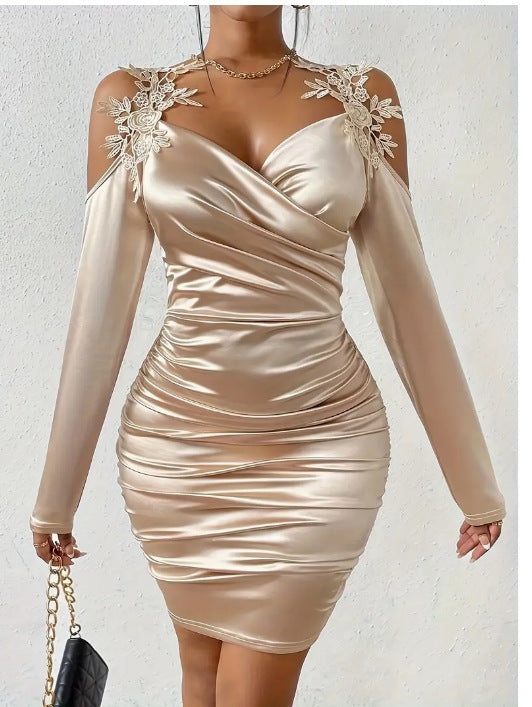 Spring And Autumn New Satin Elegant Lace Bodycon Dress With Pleated Skirt Meifu Market
