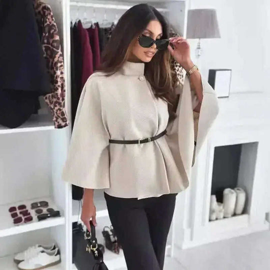 New Stand Collar Batwing Sleeves Cloak Top With Belt Ins Fashion Temperament Jacket Woolen Sweater Outwear For Women Cloth...
