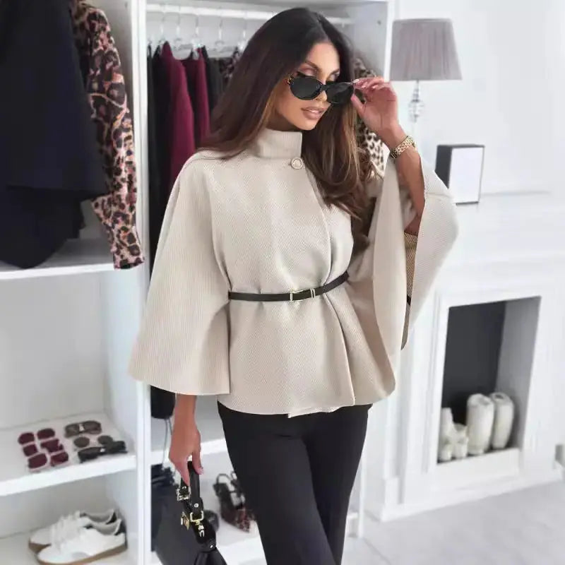 New Stand Collar Batwing Sleeves Cloak Top With Belt Ins Fashion Temperament Jacket Woolen Sweater Outwear For Women Clothing Meifu Market