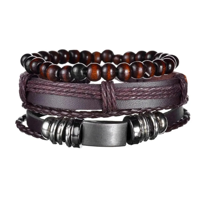 braided leather bracelet for men | vintage charm wood beads | adjustable wrap wristband | energy saving